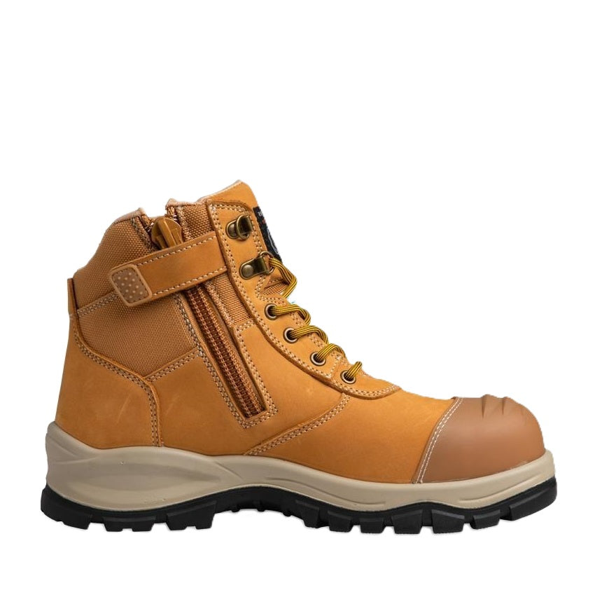 Womens wheat tan and brown nubuck leather zip womens sketcher work ankle boot with a side zipper, metal eyelets, and a black and beige sole Airport scanner safe