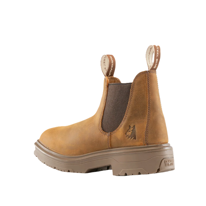 Mens distressed brown tan classic premium slip on workboot Steel Blue 310941 Hobart Square Toe Non-Safety Elastic Sided Boots