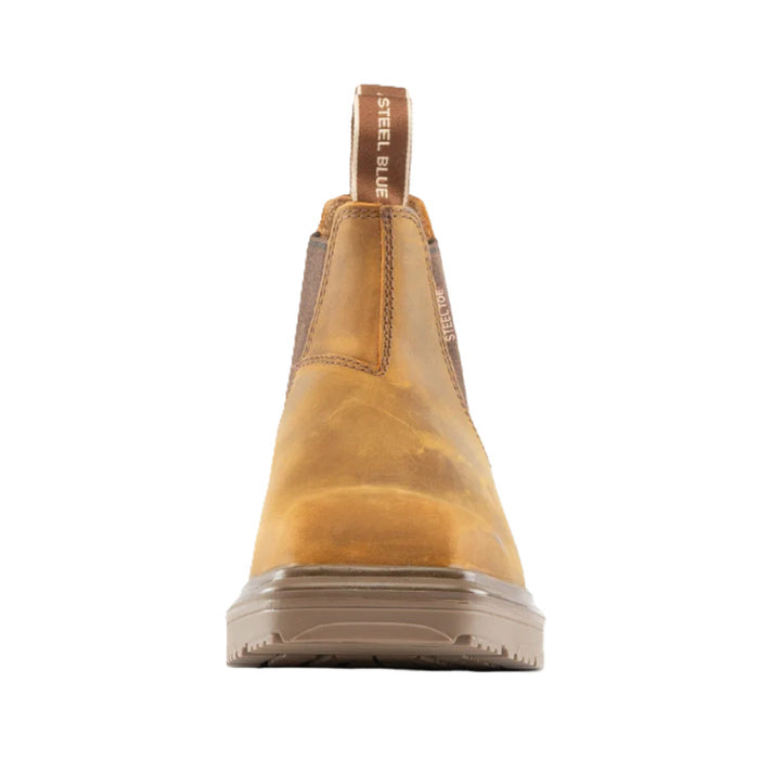Mens Distressed brown beige tan premium leather Steel Blue 313941 Hobart Square Toe Steel Cap Elastic Sided Boots