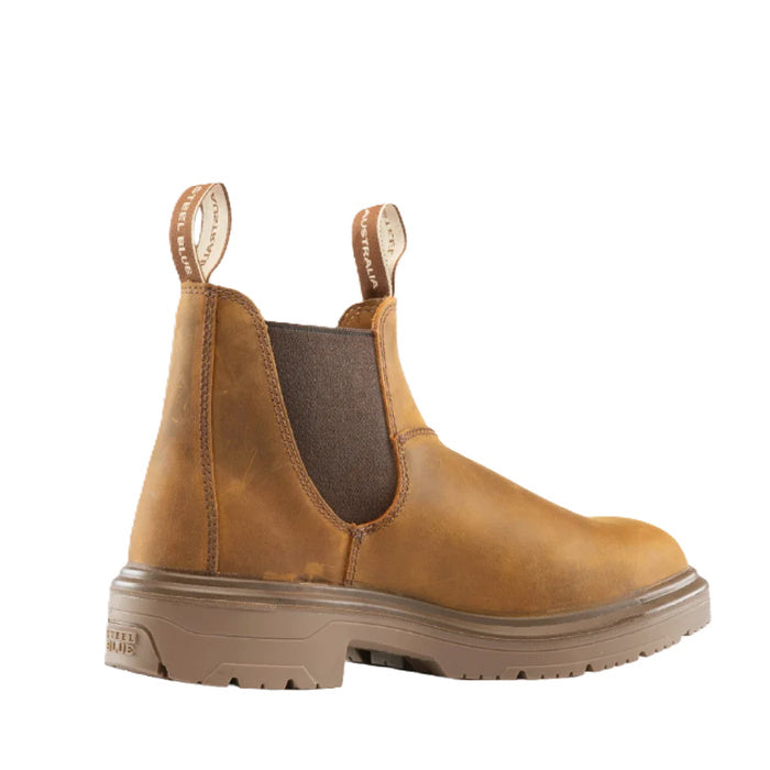 Mens Distressed brown tan pull on heat and static protection durable trades boot Steel Blue 313941 Hobart Square Toe Steel Cap Elastic Sided Boots