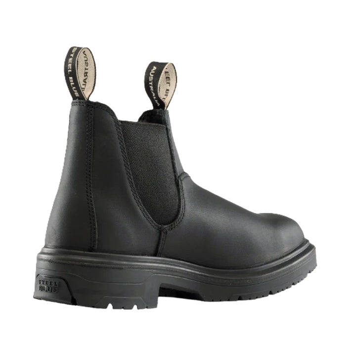 Black leather strong durable worksite slip resistant, Steel Blue 313941 Hobart Square Toe Steel Cap Elastic Sided Boots