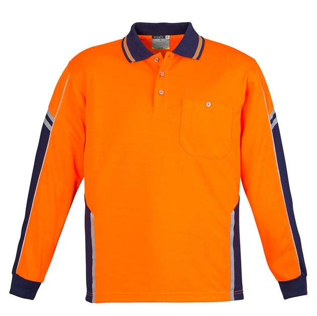 Syzmik ZH238 Mens HiVis Squad Long Sleeve Polo - Orange/Navy - Front View