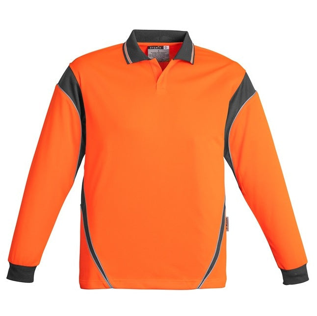 Syzmik ZH249 Mens HiVis Aztec Long Sleeve Polo - Orange/Charcoal - Front View