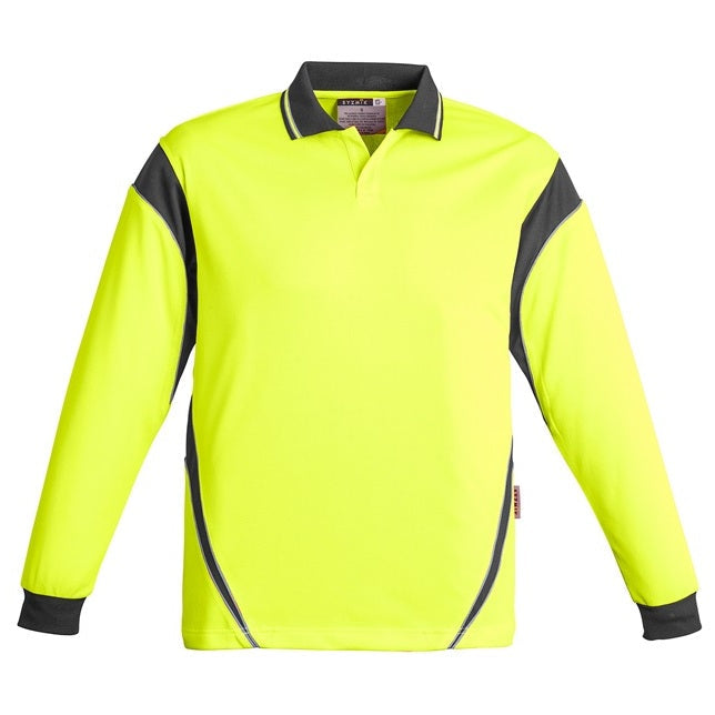 Syzmik ZH249 Mens HiVis Aztec Long Sleeve Polo - Yellow/Charcoal - Front View