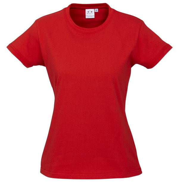 A red Biz Collection ladies' ice tee, short-sleeved, displayed against a white background.