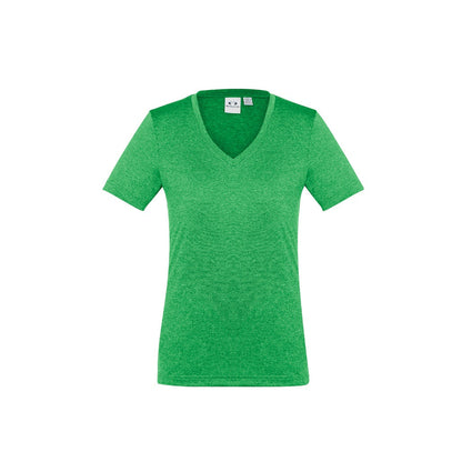 A lime green, v-neck Biz Collection t-shirt for women with a heathered marle effect.
