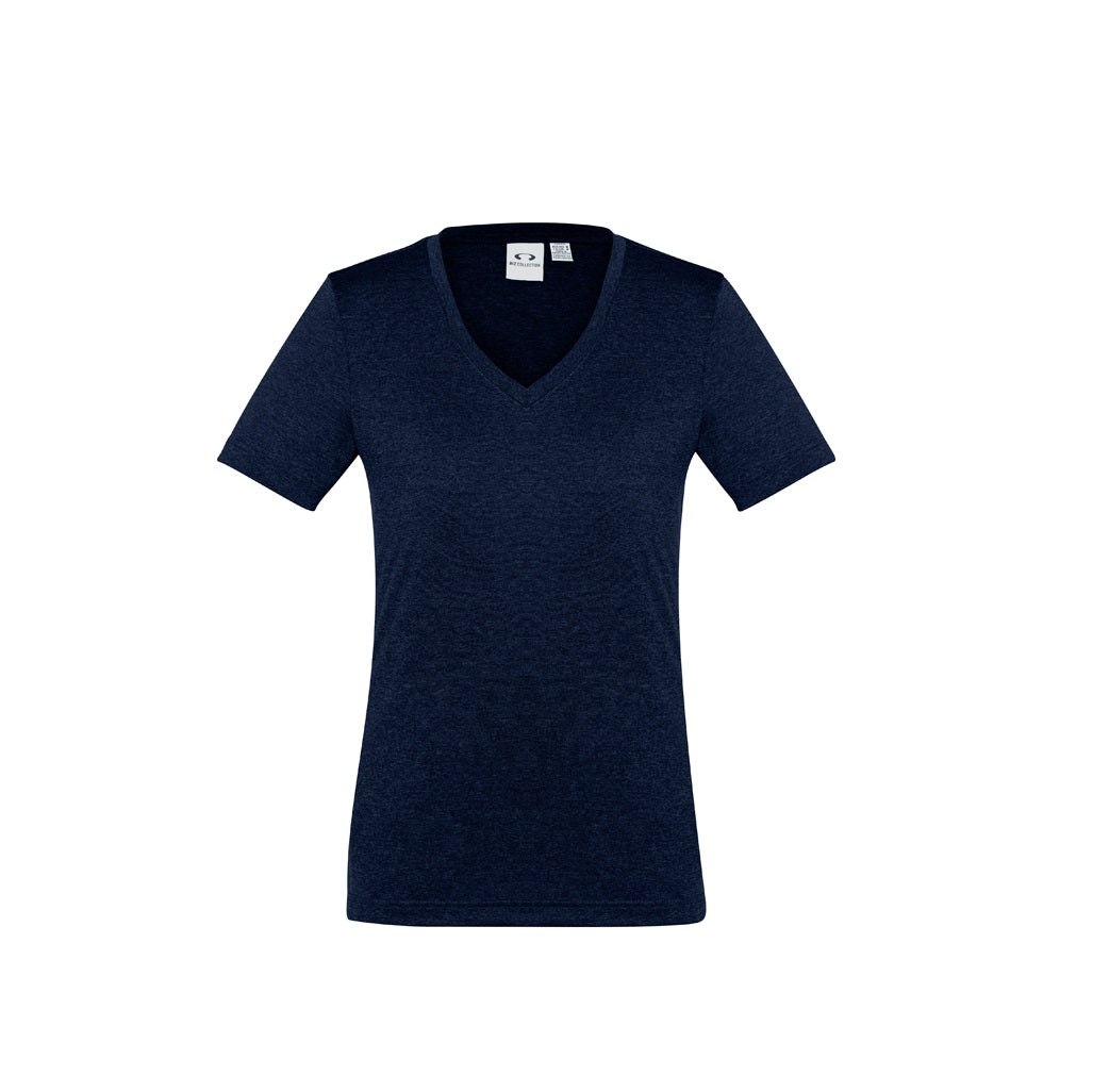 Navy colored Biz Collection ladies Aero Tee with a v-neck and short sleeves.