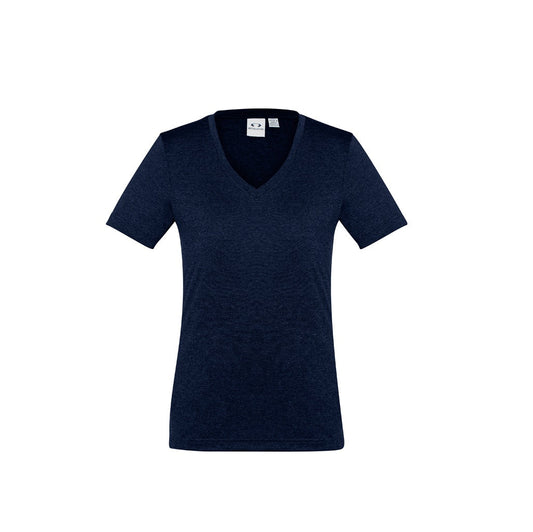 Navy colored Biz Collection ladies Aero Tee with a v-neck and short sleeves.