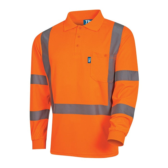 Tru Workwear TS1850T5 Micromesh L/S Hi-Vis Polo NSW Rail Shirt With Perforated Reflective Tape - Special Purpose Orange - Front View