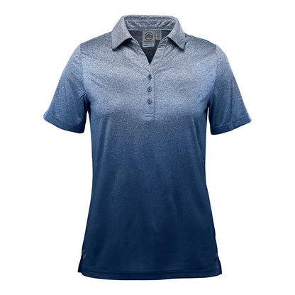 A blue Stormtech women's Mirage Polo with a standup collar, short sleeves, and a button placket.