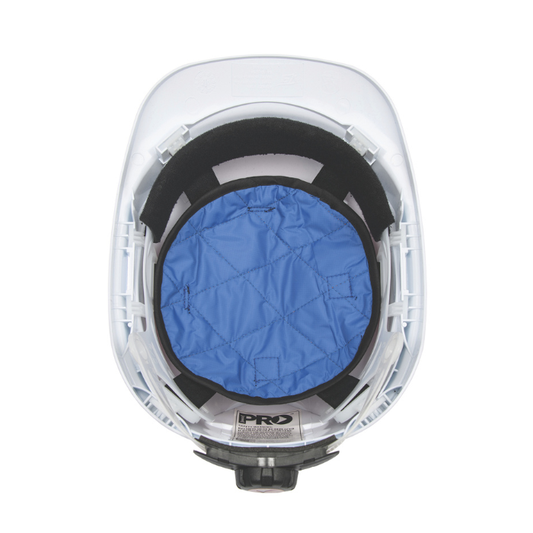 Top-down view of a clear protective helmet shell with a blue quilted inner pad and black interior padding, featuring a visible PRO brand label near the bottom.