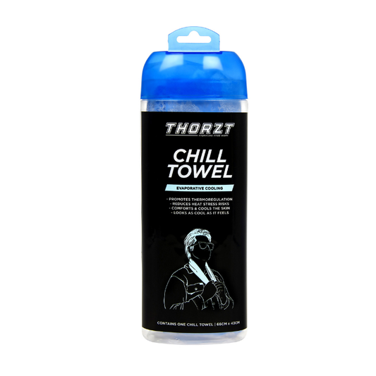 A Thorzt Chill Towel in a clear plastic bottle with a bright blue cap and a black label 