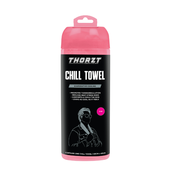 A pink and black Thorzt Chill Towel bottle with a hanging tab, featuring a black label with white text used for hot days