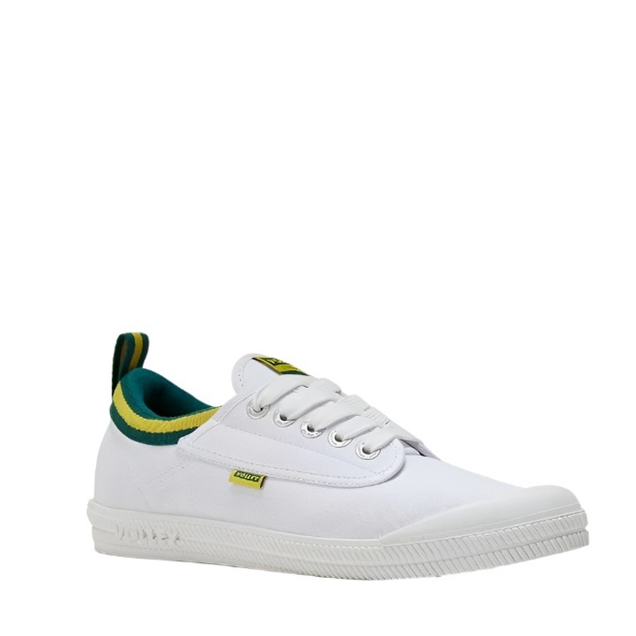 Front angle view, White with green and gold trim, Volley DWVUE004 Unisex International Low Non Safety Shoes