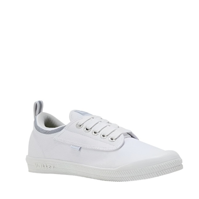 Front angle view, white with silver/ light grey trim, Volley DWVUE004 Unisex International Low Non Safety Shoes