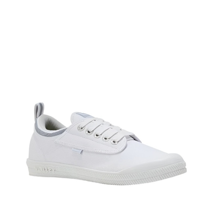 Front angle view, white with silver/ light grey trim, Volley DWVUE004 Unisex International Low Non Safety Shoes