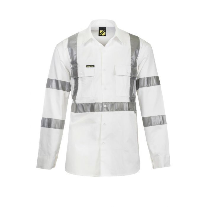 A long-sleeved white hi-vis shirt with 3M reflective tape on the sleeves and chest, designed for night use. WS3222
