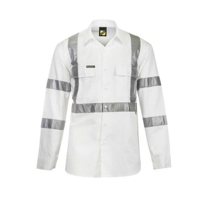 A long-sleeved white hi-vis shirt with 3M reflective tape on the sleeves and chest, designed for night use. WS3222