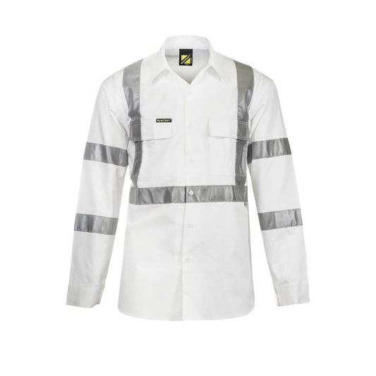 A long-sleeved white hi-vis shirt with 3M reflective tape on the sleeves and chest, designed for night use. WS3222