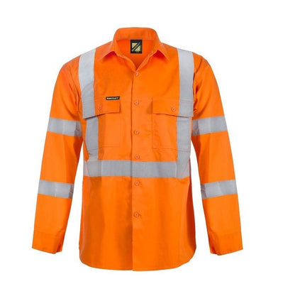 Orange safety shirt with reflective stripes on a white background