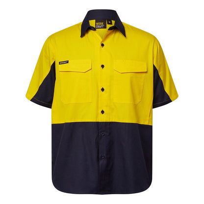 Workcraft WS6067 HiVis Yellow/Navy Vented Ripstop Shirt with Pockets - Front view