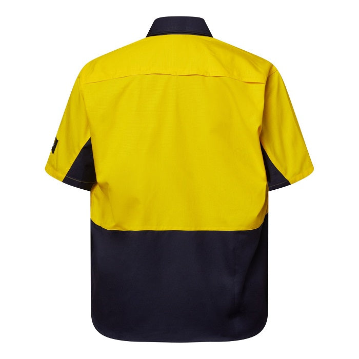 Yellow and navy short-sleeve shirt on a white background