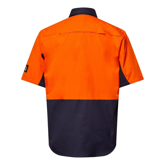 Orange and navy work shirt on a white background