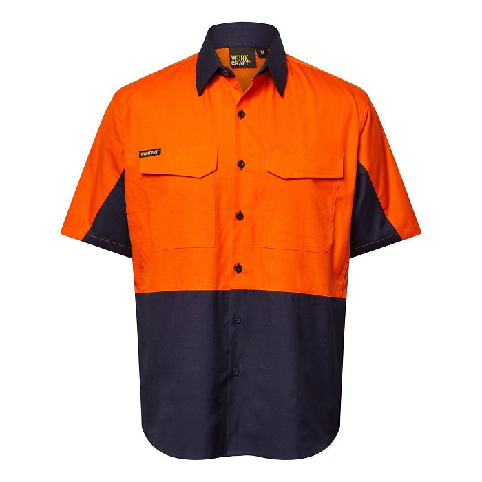 Workcraft WS6067 HiVis Orange/Navy Vented Ripstop Shirt with Pockets - Front view