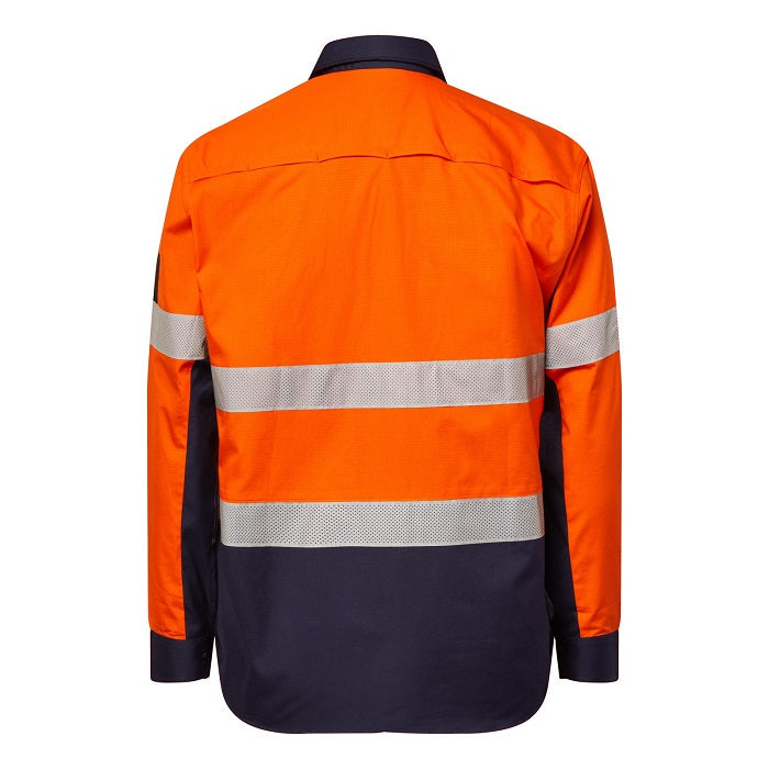 Orange and navy work shirt with reflective stripes on a white background