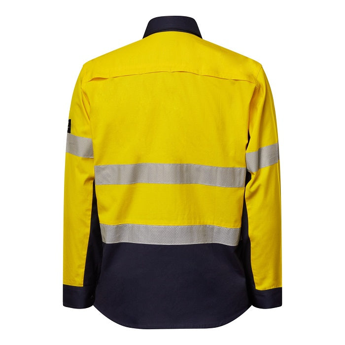 Yellow safety jacket with reflective stripes on a white background