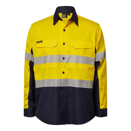 Workcraft WS6068 HiVis Yellow/Navy Ripstop Long Sleeve Shirt with Reflective Tape - Front view