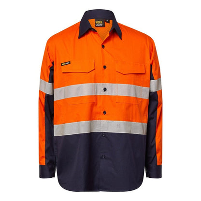 Workcraft WS6068 HiVis Orange/Navy Ripstop Long Sleeve Shirt with Reflective Tape - Front view