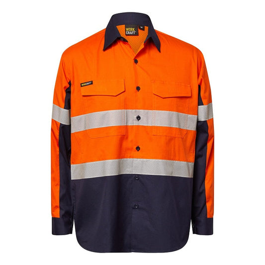 Workcraft WS6068 HiVis Orange/Navy Ripstop Long Sleeve Shirt with Reflective Tape - Front view