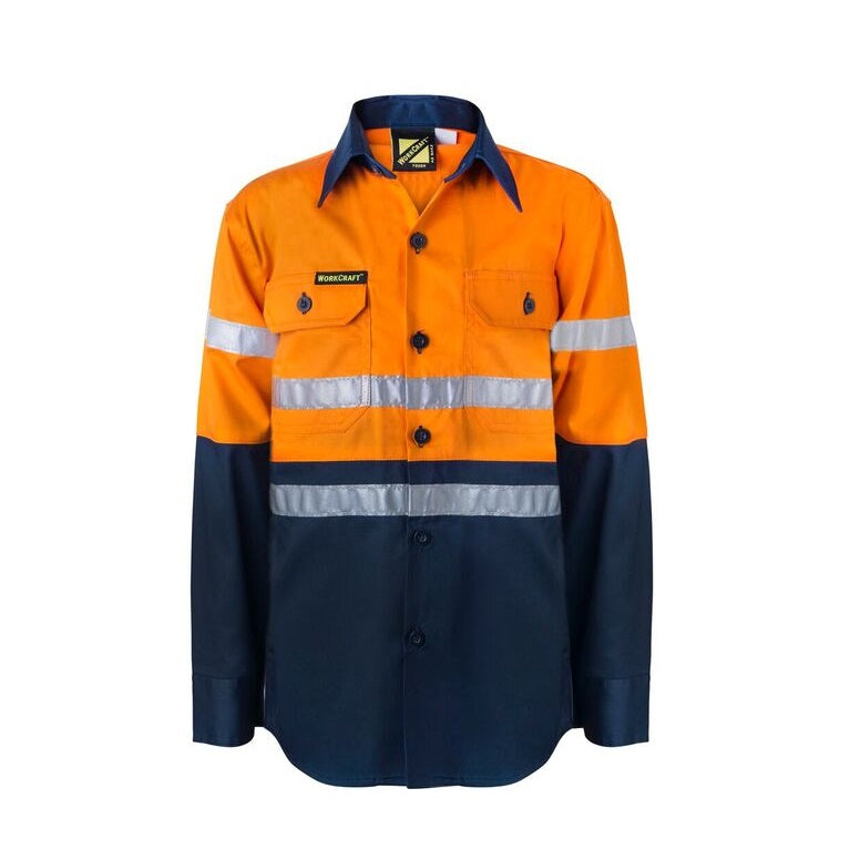 Workcraft WSK125 Kids HiVis 2-Tone Long Sleeve Shirt 3M Tape - Orange/Navy - Front View