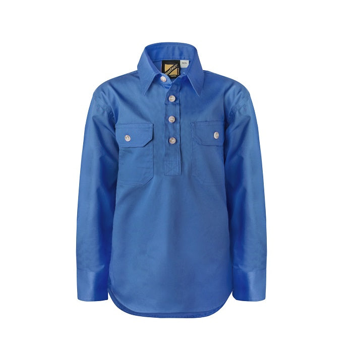 Workcraft WSK131 Kids Lightweight Long Sleeve Half Placket Cotton Drill Shirt - Blue - Front View
