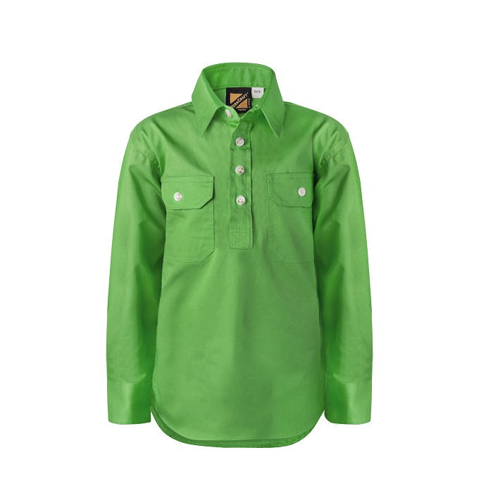 Workcraft WSK131 Kids Lightweight Long Sleeve Half Placket Cotton Drill Shirt - Green - Front View