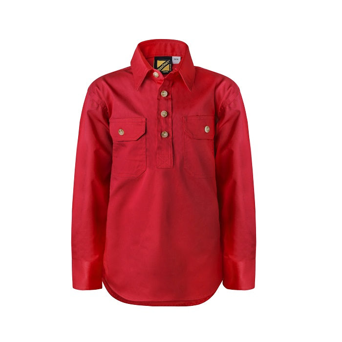 Workcraft WSK131 Kids Lightweight Long Sleeve Half Placket Cotton Drill Shirt - Red - Front View