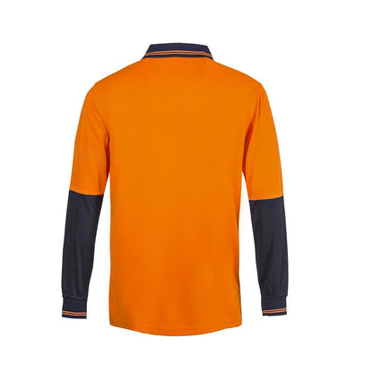 Orange long-sleeve shirt with navy sleeves and collar on a white background