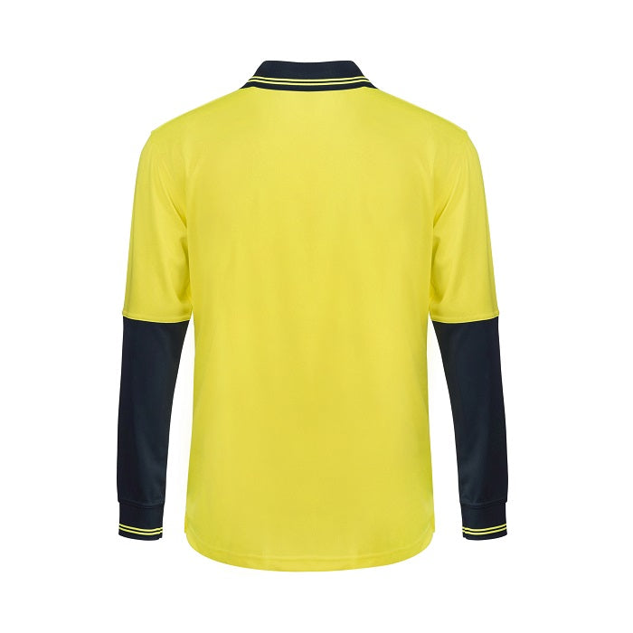 Yellow long-sleeve shirt with navy accents on a white background