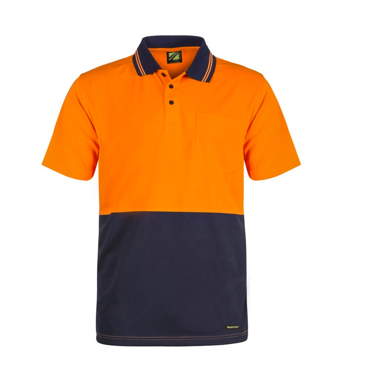 Workcraft WSP401 HiVis 2-Tone Short Sleeve Cotton Back Polo with Pocket - Orange/Navy - Front View