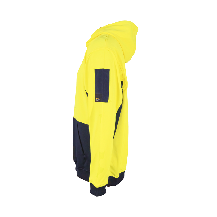 Yellow and navy hooded jacket on a white background