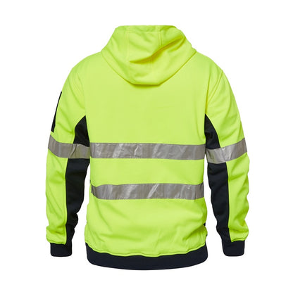 Yellow safety jacket with reflective stripes and hoodie