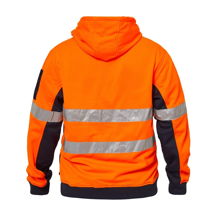 Orange safety work jacket with reflective stripes and hoodie