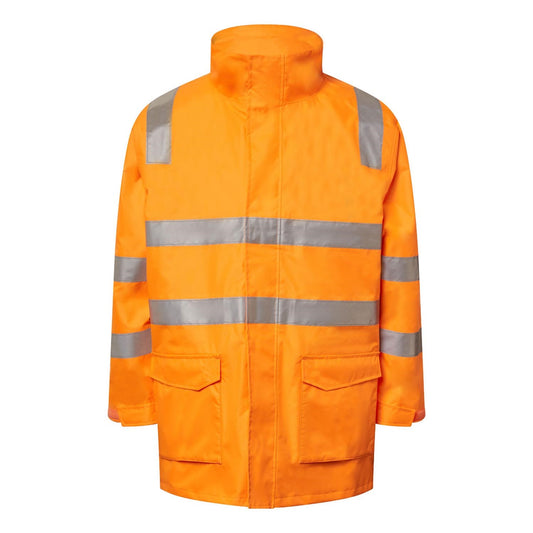 Orange safety jacket with reflective stripes on a white background
