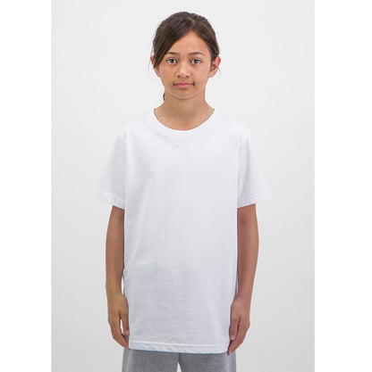 Young girl wearing a plain white t-shirt against a white background