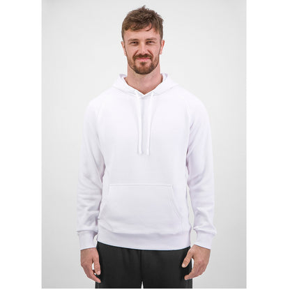 Man wearing a white hoodie on a plain background
