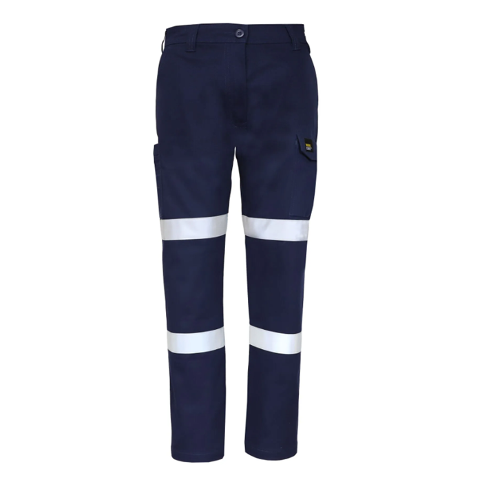 Ladies Navy blue high-visibility, comfortable, modern fit, Workcraft WPL475 Womens Stretch Drill Cargo Taped Pants front view