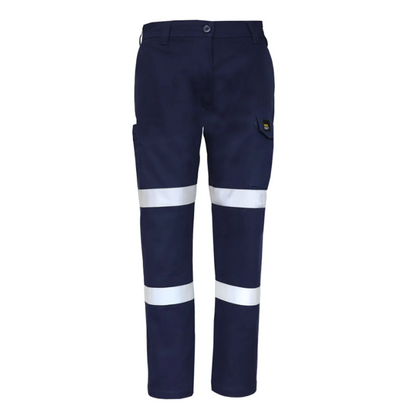 Ladies Navy blue high-visibility, comfortable, modern fit, Workcraft WPL475 Womens Stretch Drill Cargo Taped Pants front view