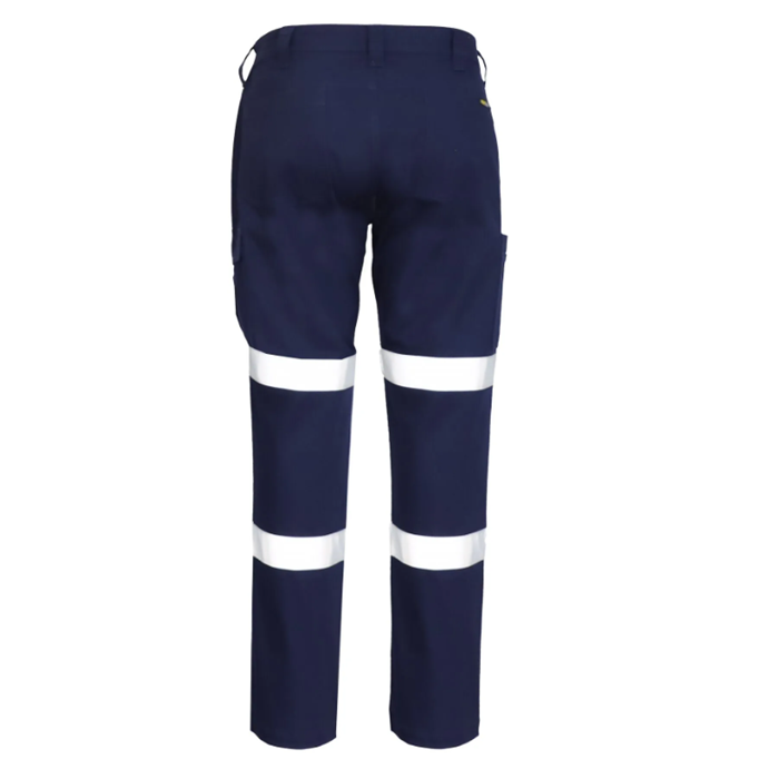Ladies navy blue with hi vis tape, Utility pockets, Workcraft WPL475 Womens Stretch Drill Cargo Taped Pants rear view