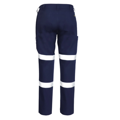 Ladies navy blue with hi vis tape, Utility pockets, Workcraft WPL475 Womens Stretch Drill Cargo Taped Pants rear view